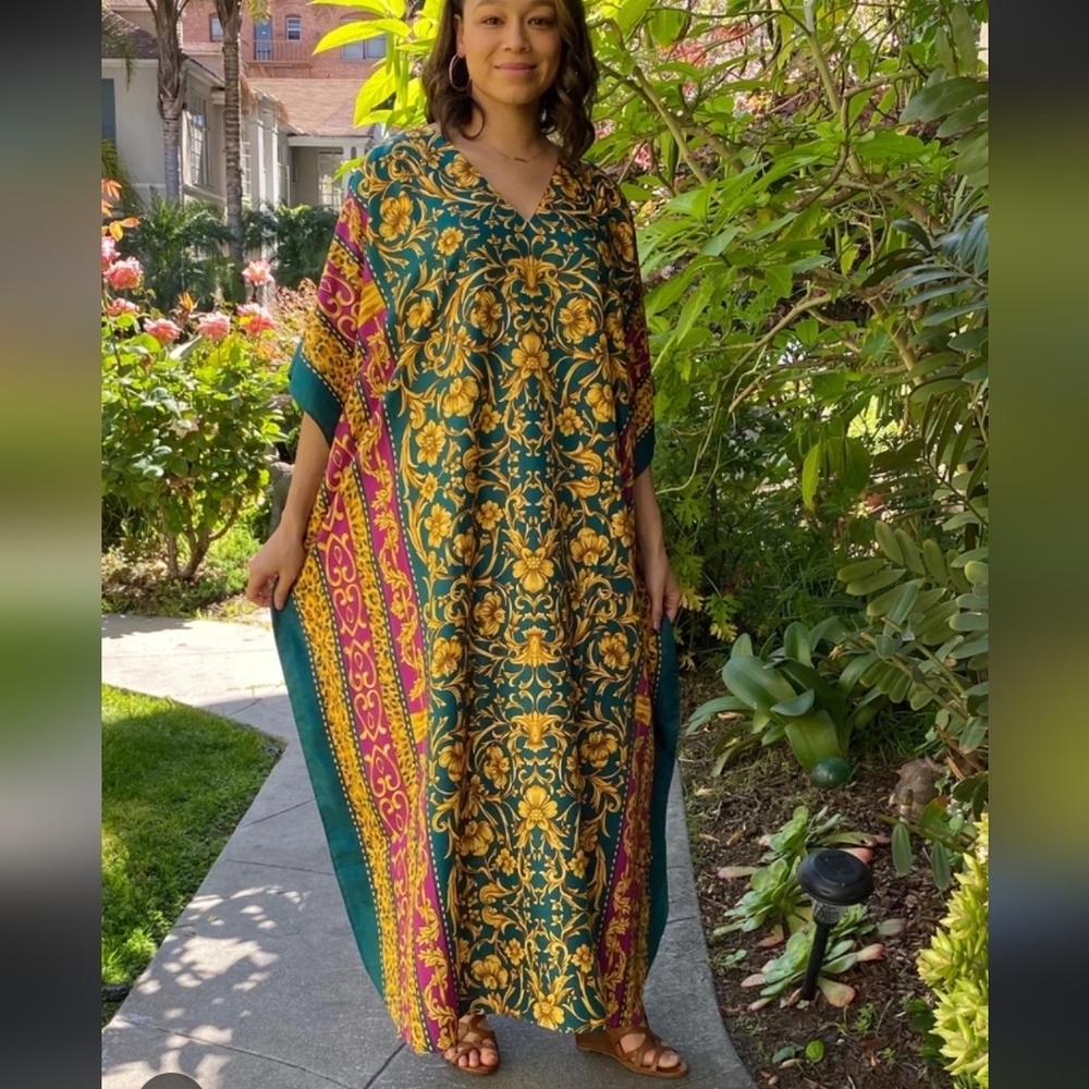 Winlar Batik Print Satin Kaftan Nightgown Maxi Dress MuuMuu